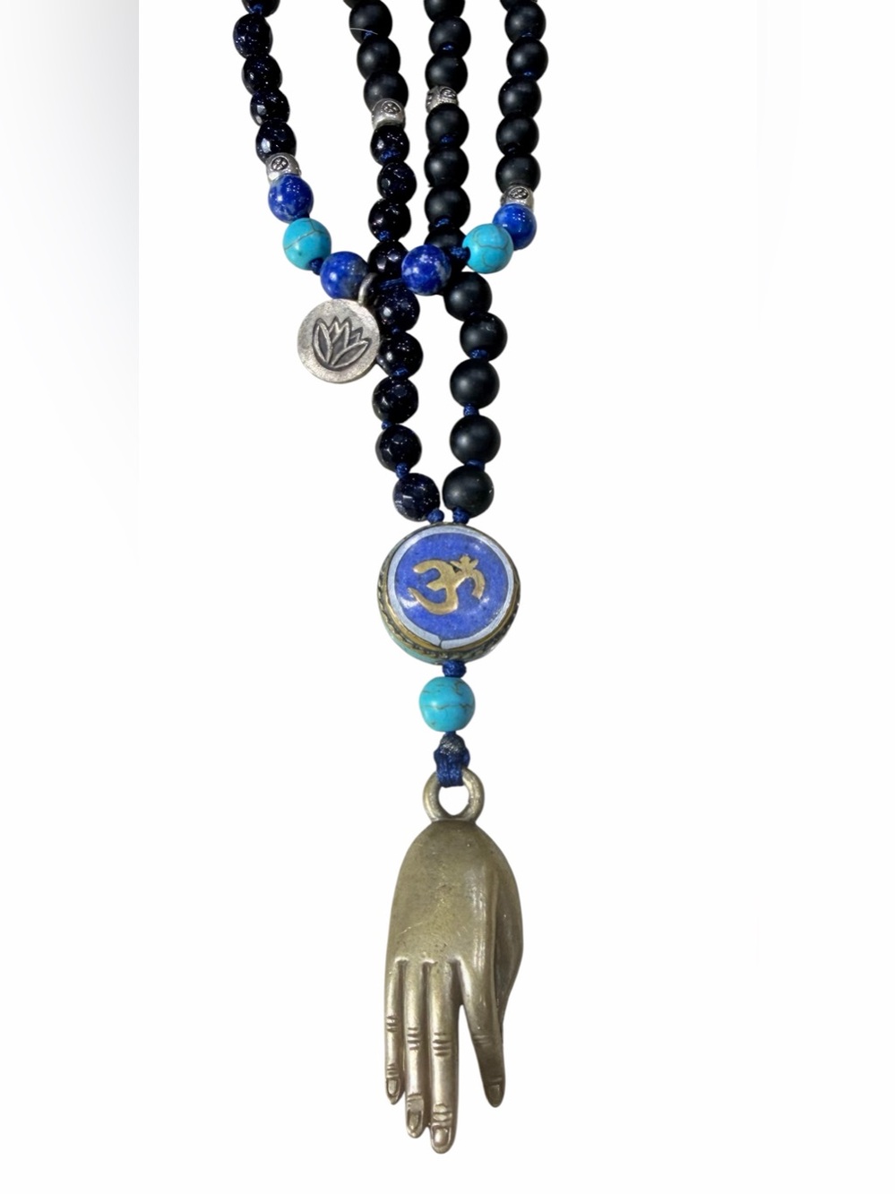 Artisan Lapis Turquoise Onyx Blue Goldstone Om Mudra Hand Mala Necklace 19” Drop